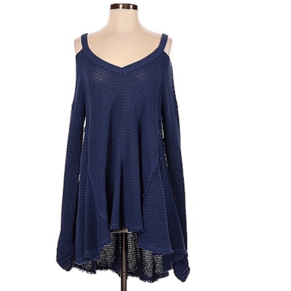Free People Moonshine Navy, V-Neck Long Sleeve Sweater, Raw Edge, Size Small - Picture 6 of 12